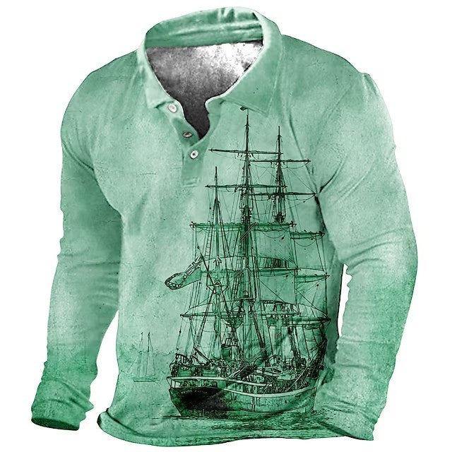 Plus Size Mens Fashion 3D Sailboat Print Lapel Shirt - Oversized Long Sleeve Golf Inspired - Premium Comfort for Spring/Autumn Wear - Trendy Casual Clothing for Males - Snug & Style