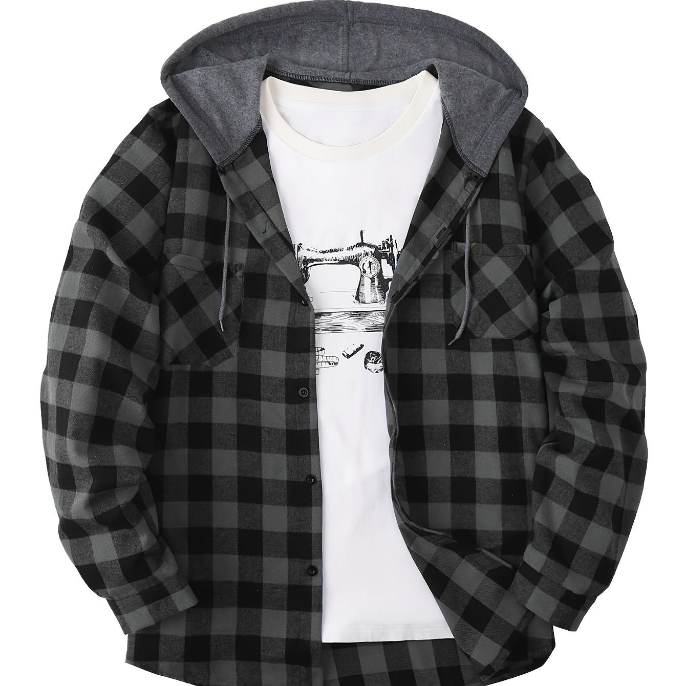 Long Sleeve Casual Regular Fit Button Up Hooded Shirts Jacket, Plaid Shirt Coat For Men - Snug & Style