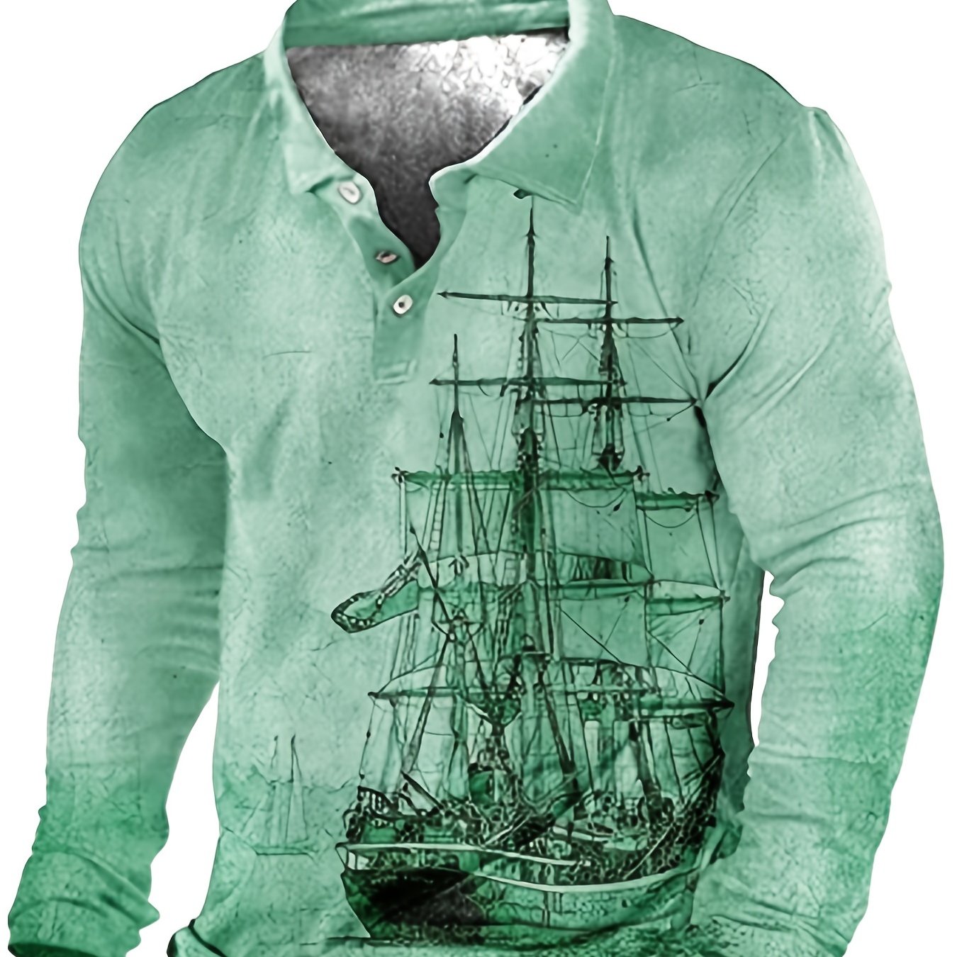 Plus Size Mens Fashion 3D Sailboat Print Lapel Shirt - Oversized Long Sleeve Golf Inspired - Premium Comfort for Spring/Autumn Wear - Trendy Casual Clothing for Males - Snug & Style