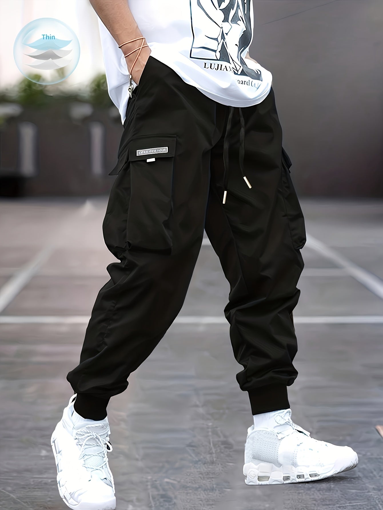 Lightweight Design| Men's Olive Green Cargo Pants - Lightweight Polyester, Casual Style with Multiple Pockets and Drawstring Waist, Perfect for Spring/Fall, Spring Fall Attire|Drawstring Waistband|Smooth Texture Fabric - Snug & Style
