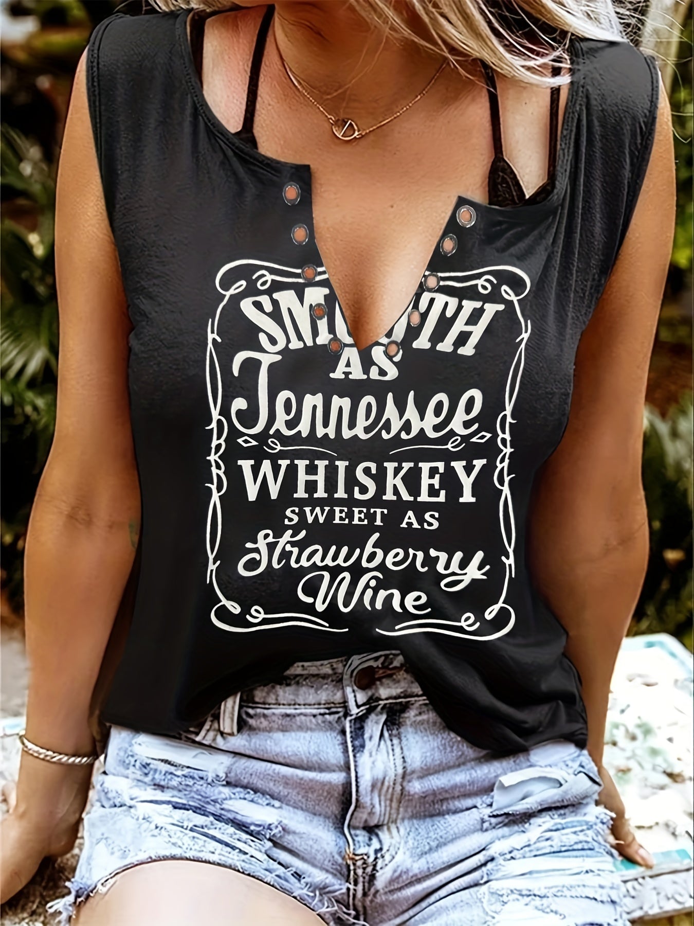Smooth As Tennessee Whiskey, Sweet As Strawberry Wine" Women's Sleeveless V-Neck Tank Top - Casual, Machine Washable, Polyester Blend with Ring Detail - Perfect for Country Music Nights, Country Music T Shirts - Snug & Style