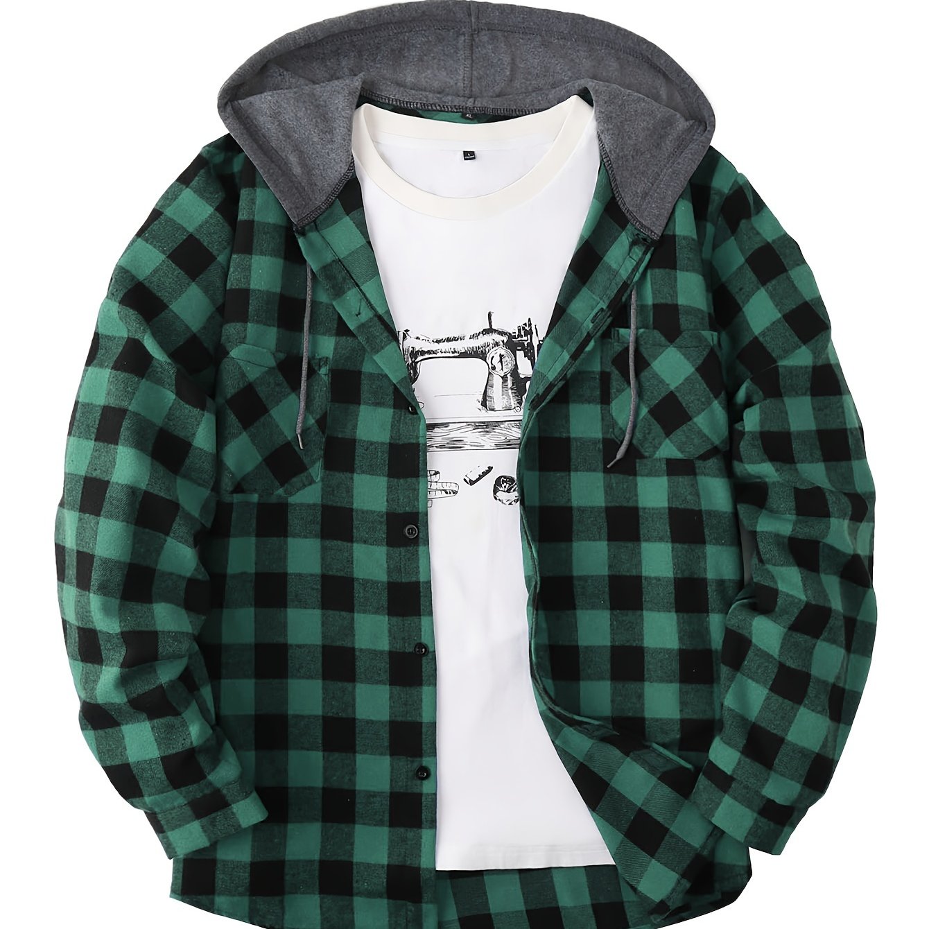 Long Sleeve Casual Regular Fit Button Up Hooded Shirts Jacket, Plaid Shirt Coat For Men - Snug & Style