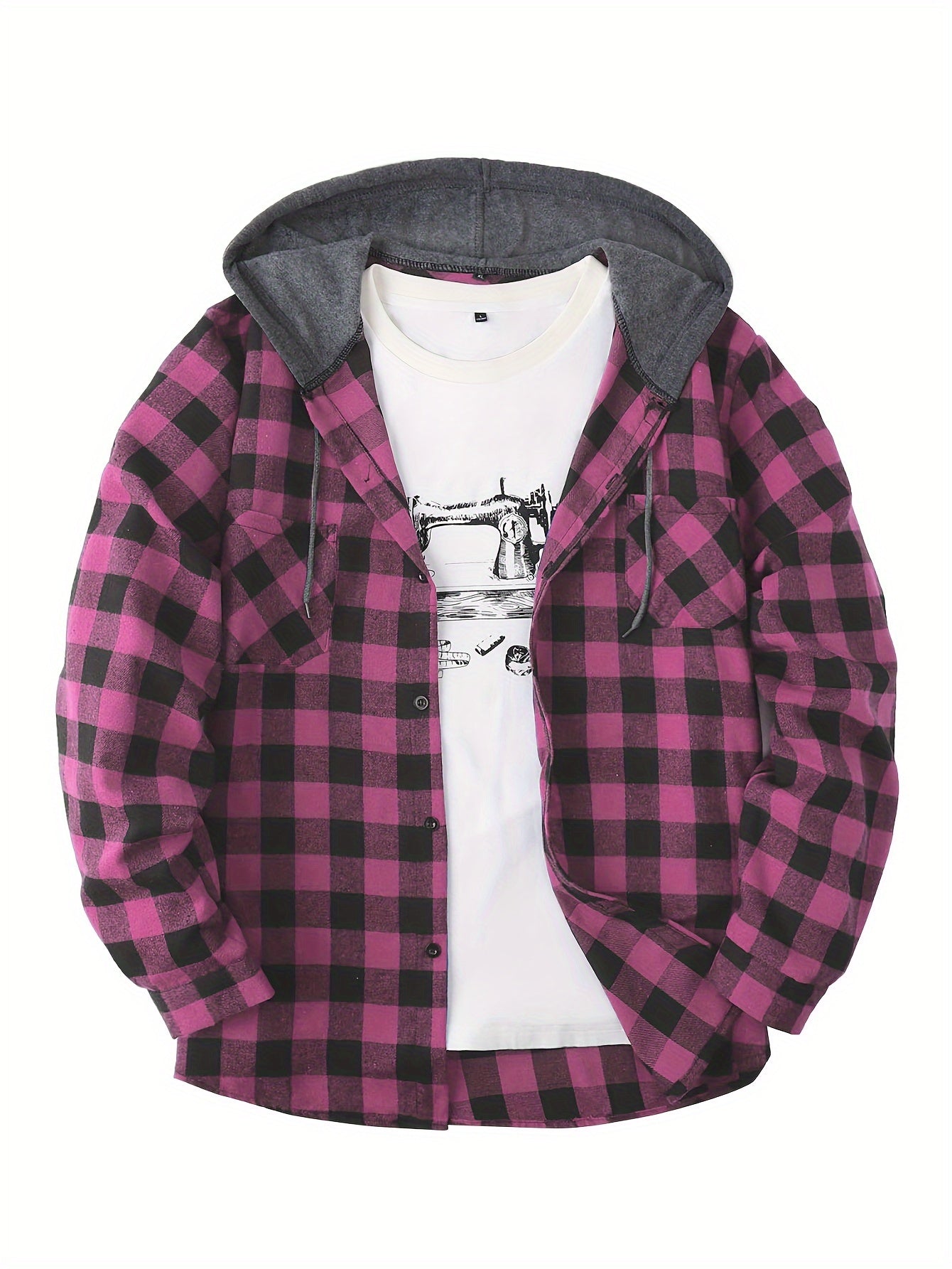 Long Sleeve Casual Regular Fit Button Up Hooded Shirts Jacket, Plaid Shirt Coat For Men - Snug & Style
