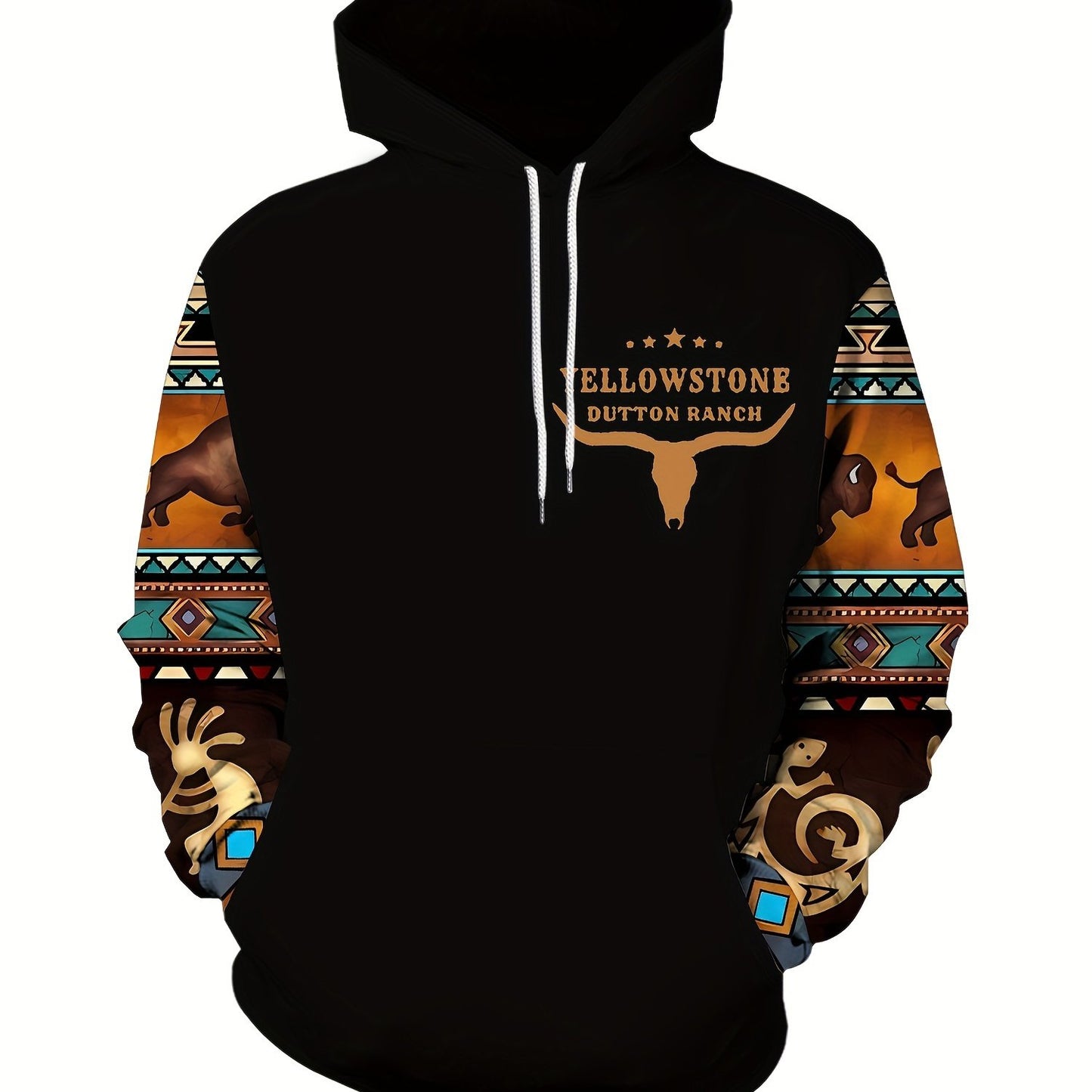 Plus Size Mens Fashion Hoodie with Bold Ethnic Prints & Intricate Bull Skull Design - Warm, Stylish Sweatshirt for Fall Winter - Comfortable Mens Apparel - Snug & Style