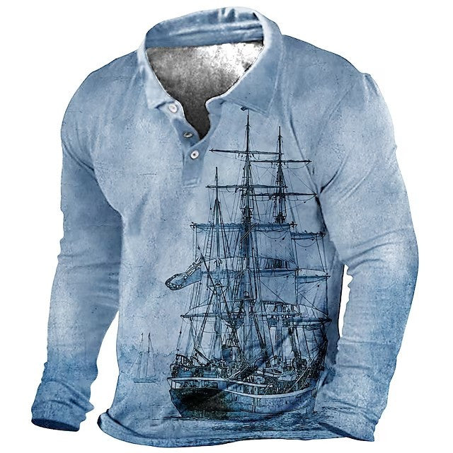 Plus Size Mens Fashion 3D Sailboat Print Lapel Shirt - Oversized Long Sleeve Golf Inspired - Premium Comfort for Spring/Autumn Wear - Trendy Casual Clothing for Males - Snug & Style