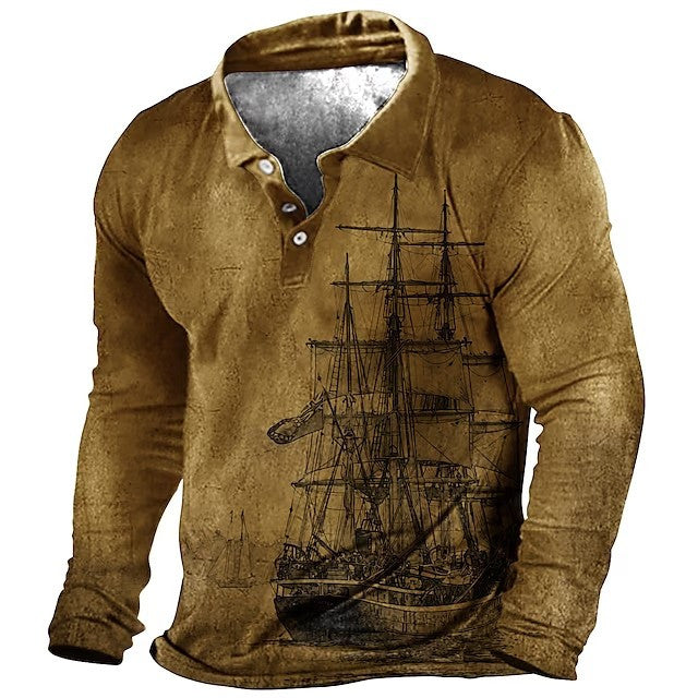 Plus Size Mens Fashion 3D Sailboat Print Lapel Shirt - Oversized Long Sleeve Golf Inspired - Premium Comfort for Spring/Autumn Wear - Trendy Casual Clothing for Males - Snug & Style