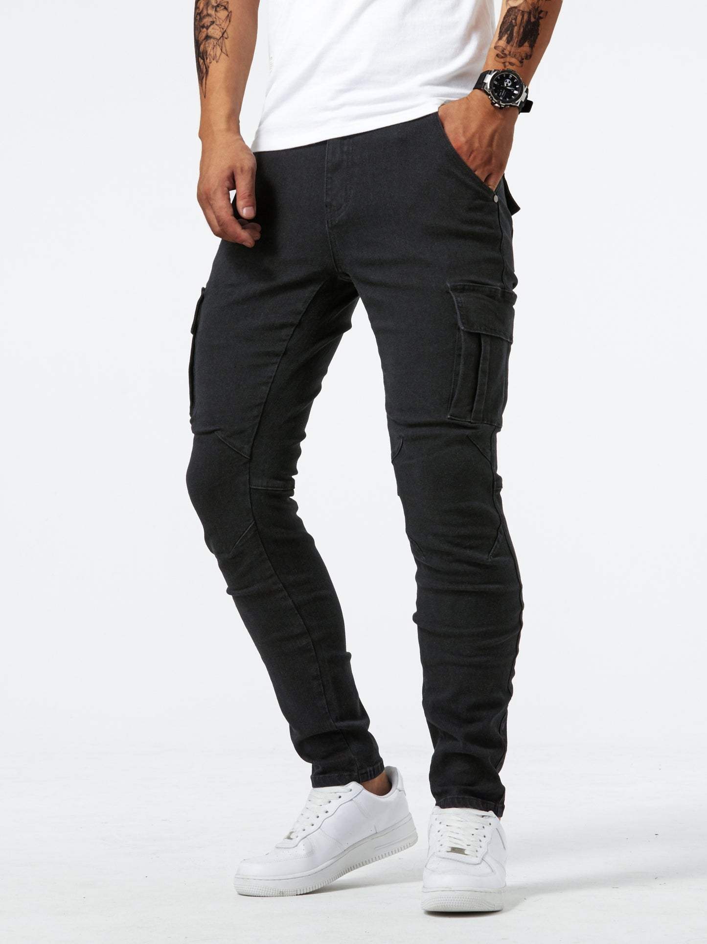 Slim Fit Cargo Jeans, Men's Casual Street Style Multi Pocket High Stretch Denim Pants For Spring Summer - Snug & Style