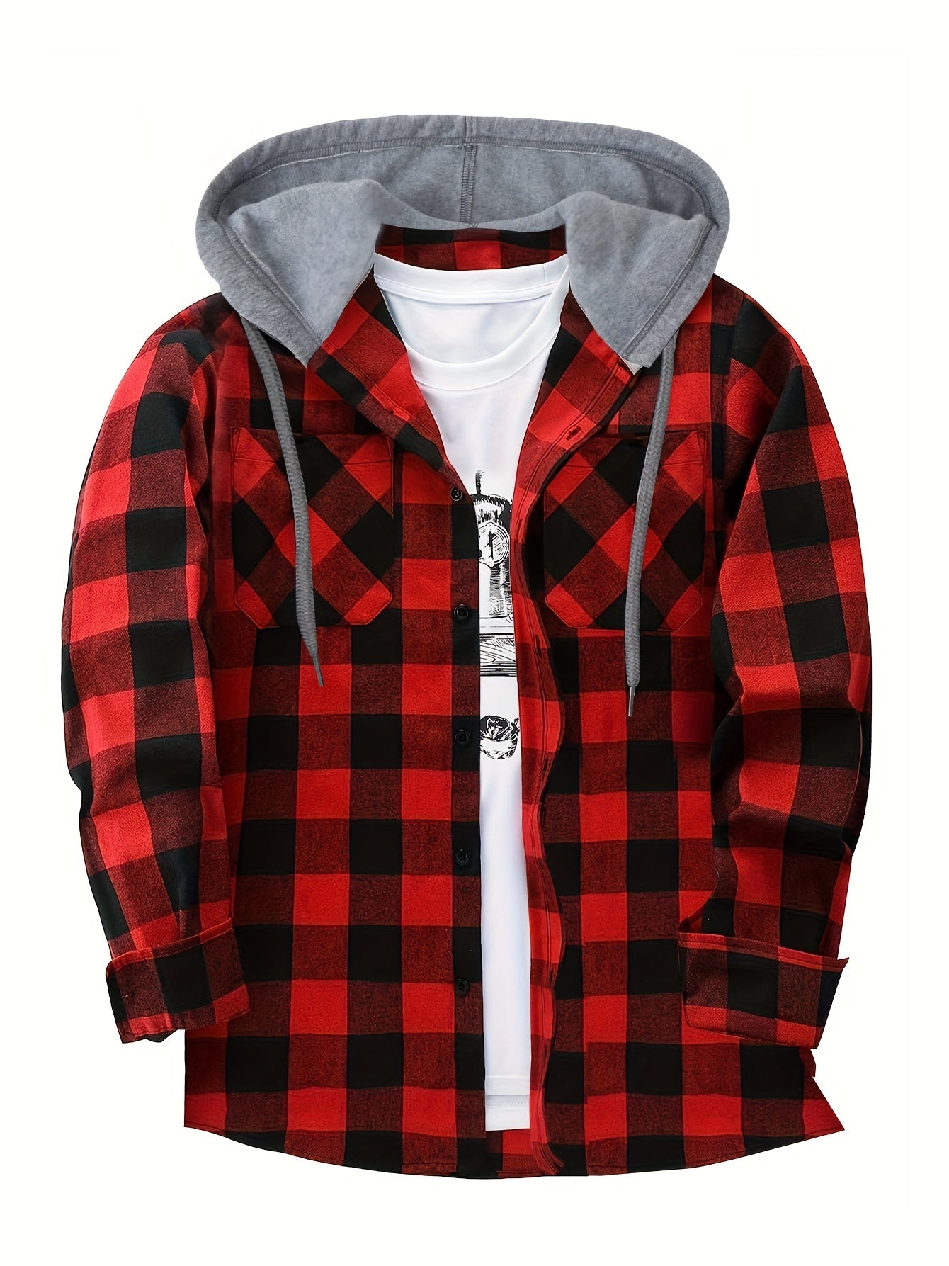 Long Sleeve Casual Regular Fit Button Up Hooded Shirts Jacket, Plaid Shirt Coat For Men - Snug & Style
