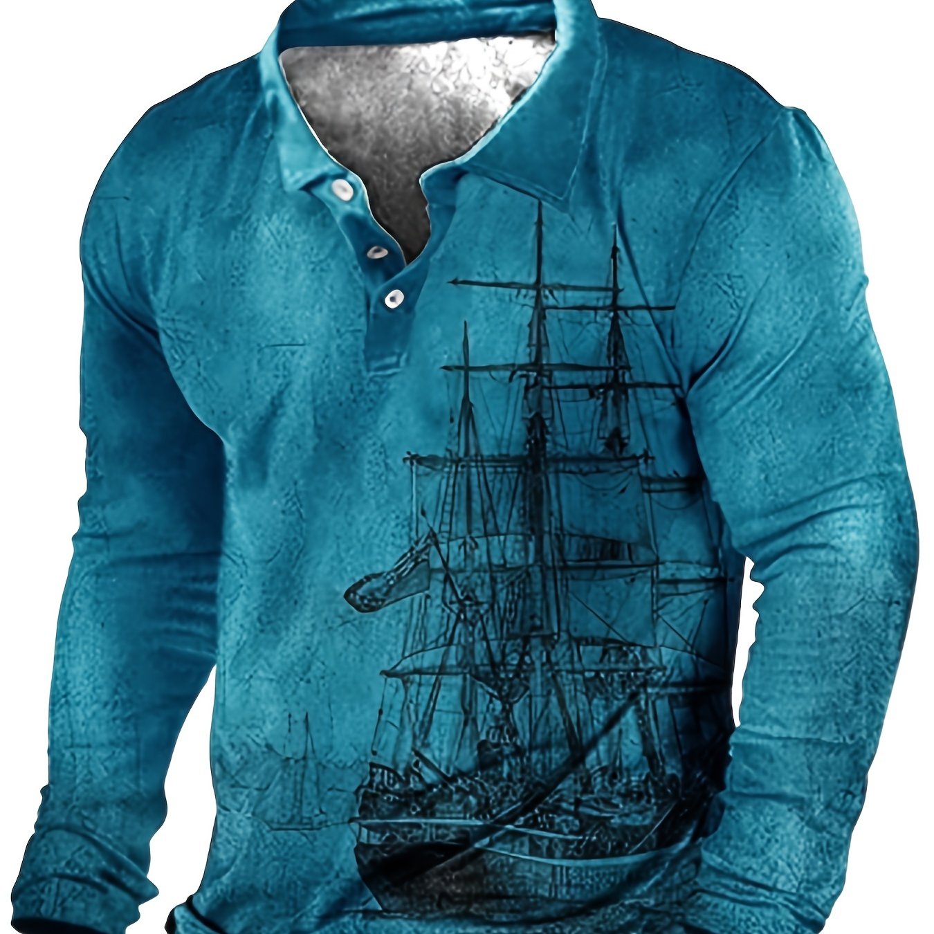 Plus Size Mens Fashion 3D Sailboat Print Lapel Shirt - Oversized Long Sleeve Golf Inspired - Premium Comfort for Spring/Autumn Wear - Trendy Casual Clothing for Males - Snug & Style
