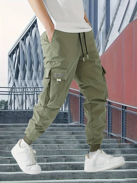 Lightweight Design| Men's Olive Green Cargo Pants - Lightweight Polyester, Casual Style with Multiple Pockets and Drawstring Waist, Perfect for Spring/Fall, Spring Fall Attire|Drawstring Waistband|Smooth Texture Fabric - Snug & Style