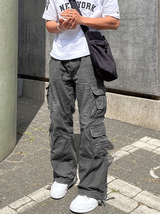 Cotton Solid Multi Flap Pockets Men's Straight Leg Cargo Baggy Pants, Loose Casual Outdoor Pants, Men's Work Pants For Hiking Fishing Angling - Snug & Style