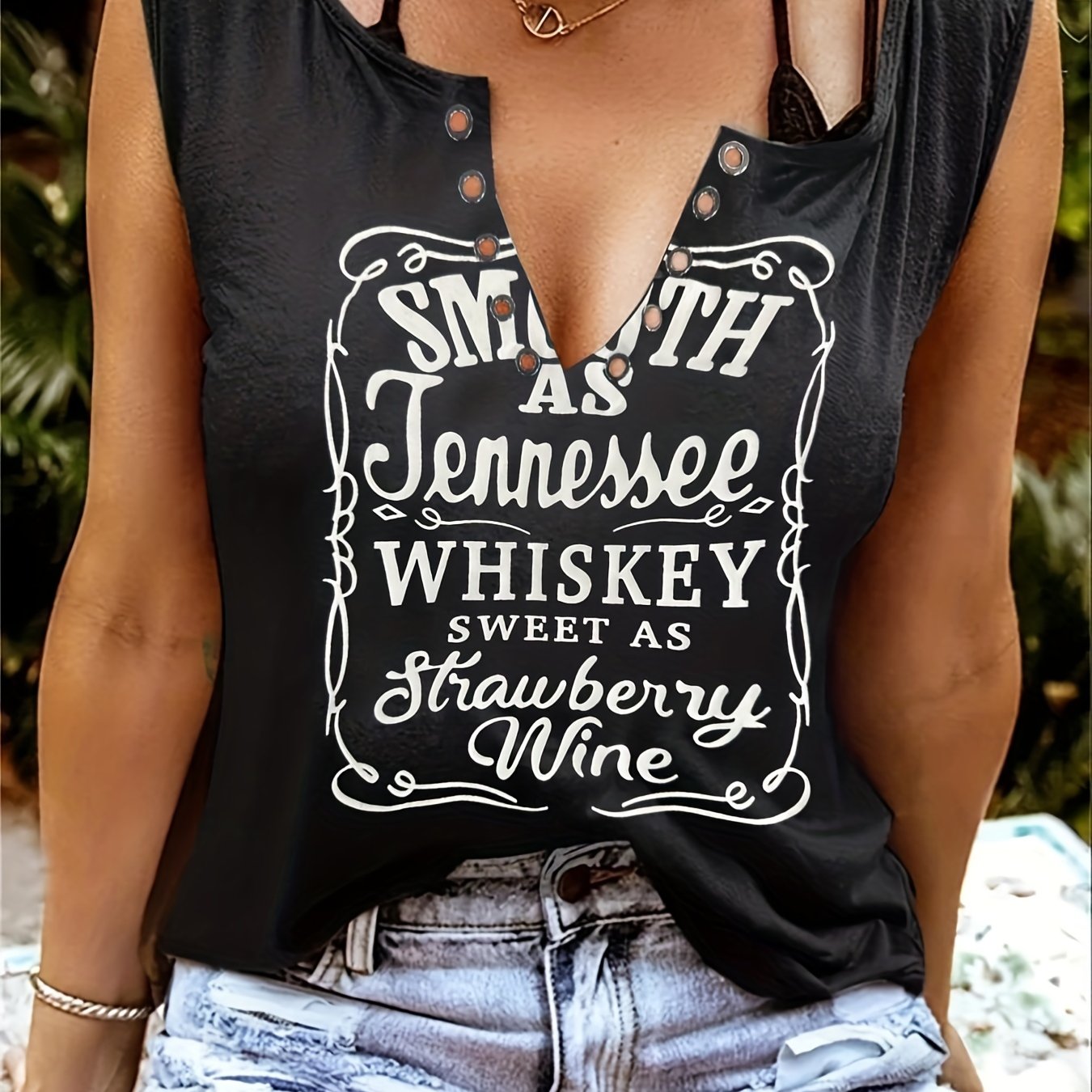 Smooth As Tennessee Whiskey, Sweet As Strawberry Wine" Women's Sleeveless V-Neck Tank Top - Casual, Machine Washable, Polyester Blend with Ring Detail - Perfect for Country Music Nights, Country Music T Shirts - Snug & Style