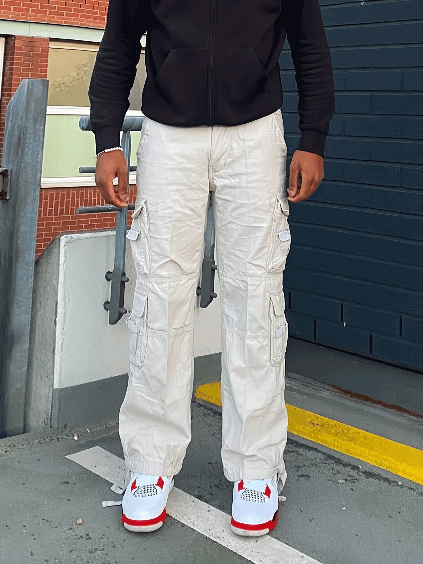 Cotton Solid Multi Flap Pockets Men's Straight Leg Cargo Baggy Pants, Loose Casual Outdoor Pants, Men's Work Pants For Hiking Fishing Angling - Snug & Style